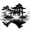 japanese landscape with fog and torii gate tattoo design idea