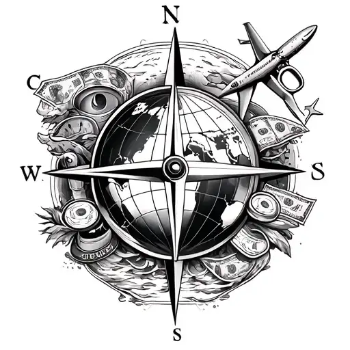 On the black and white forearm with these elements sea, plane, compass, the world, money, drink, scissors. obvious tattoo design idea
