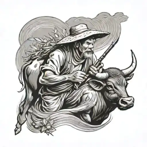 Straw hat farmer playing flute with water buffalo  tattoo design idea