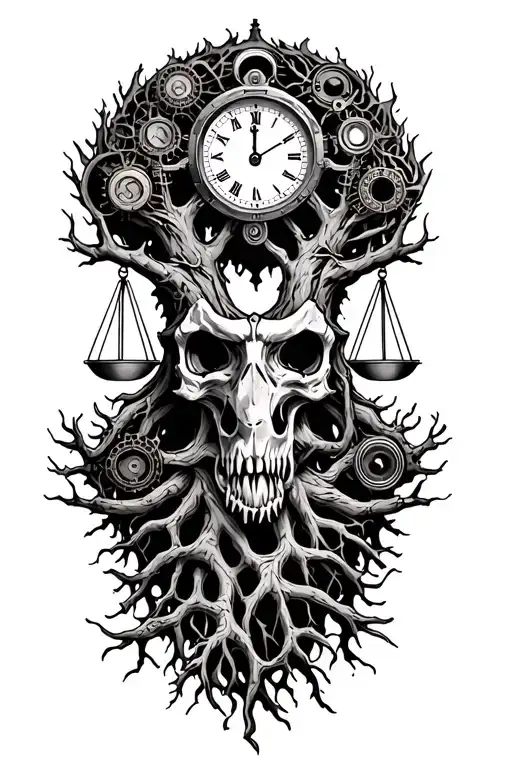 midevil tree of life with roots and wicked looking branches, libra scales, v-twin engine parts and a clock intertwined  tattoo design idea