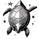 turtle shell from above with pyramids, motorcycle helmet, mt Fuji, pingu, scuba gear and stars tattoo design idea
