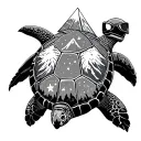 turtle shell from above with pyramids, motorcycle helmet, mt Fuji, pingu, scuba gear and stars tattoo design idea