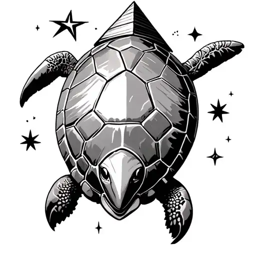 turtle shell from above with pyramids, motorcycle helmet, mt Fuji, pingu, scuba gear and stars tattoo design idea