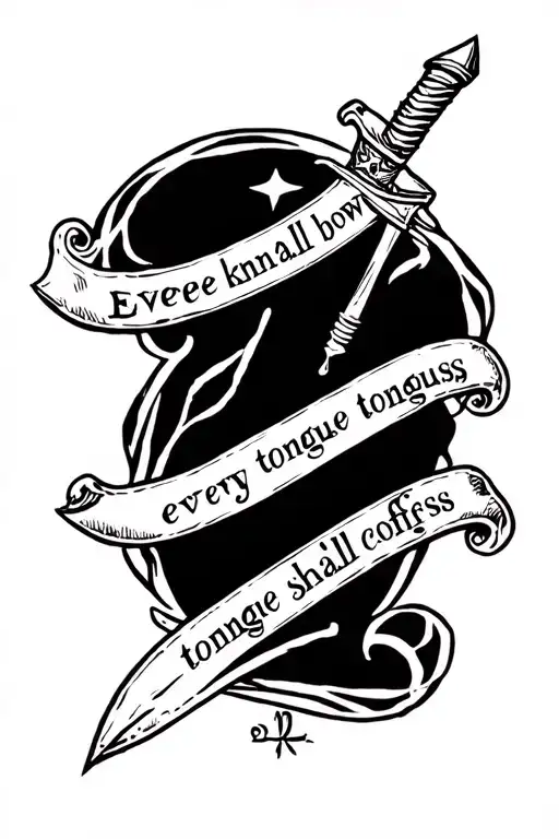 Double sided dagger phrase "Every knee shall bow, every tongue shall confess" tattoo design idea
