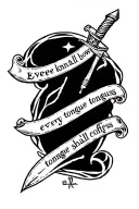 Double sided dagger phrase "Every knee shall bow, every tongue shall confess" tattoo design idea