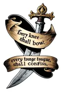 Double sided dagger phrase "Every knee shall bow, every tongue shall confess" tattoo design idea