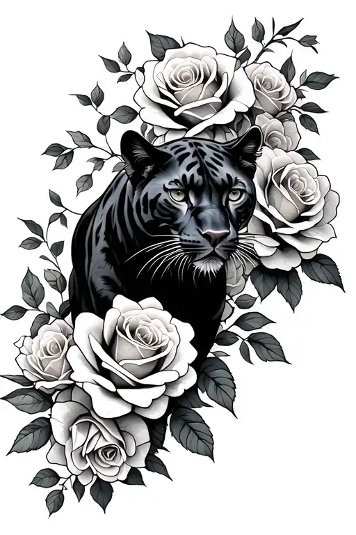 panther animal playing around a line of roses blooming tattoo design idea