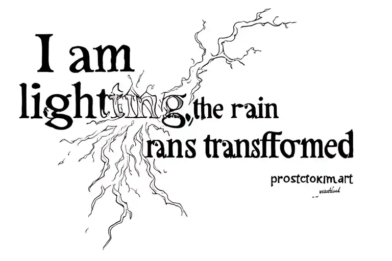 Text "I am lightning, the rain transformed" tattoo design idea