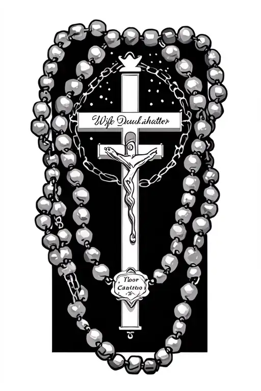 Rosary Beads with my Wife's and Daughter's names incorporated tattoo design idea