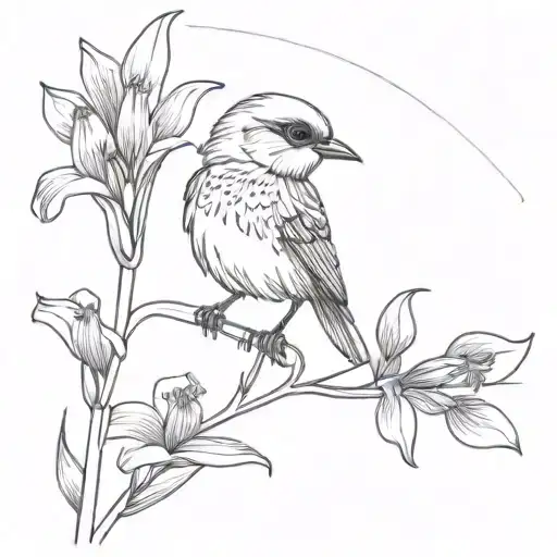 shrike perched on Iris flowers with stars tattoo design idea