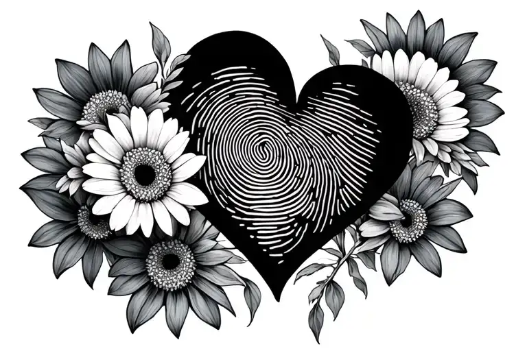 Gerbera flowers surrounding a fingerprint heart shape tattoo design idea