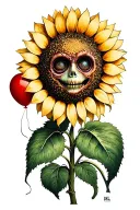 creepy sunflower with face holding a red balloon tattoo design idea