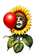 creepy sunflower with face holding a red balloon tattoo design idea