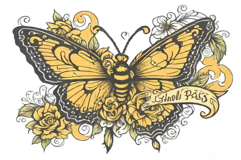 This too shall pass written with yellow butterfly tattoo design idea