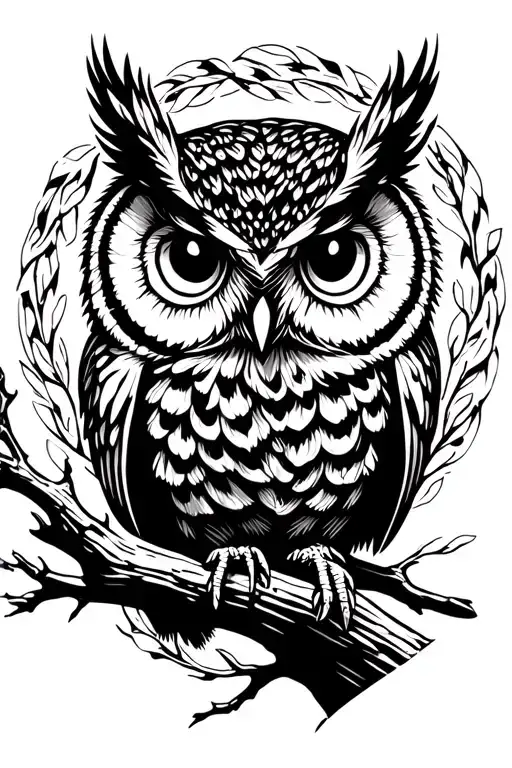 owl perched on tree branch tattoo design idea