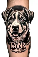 Animated pittull dog on my forearm with the name tank under it and date 11-19-2019 and under it 7-4-2025 tattoo design idea