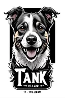 Animated pittull dog on my forearm with the name tank under it and date 11-19-2019 and under it 7-4-2025 tattoo design idea