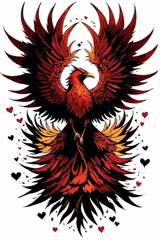 An intricate tattoo of a phoenix rising from ashes with love and fear intertwined in its feathers, symbolizing rebirth and transformation tattoo design idea