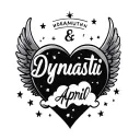 "Dynasti & April" name in shape of heart with wings and clouds inside and stars tattoo design idea
