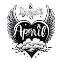 "Dynasti & April" name in shape of heart with wings and clouds inside and stars tattoo design idea