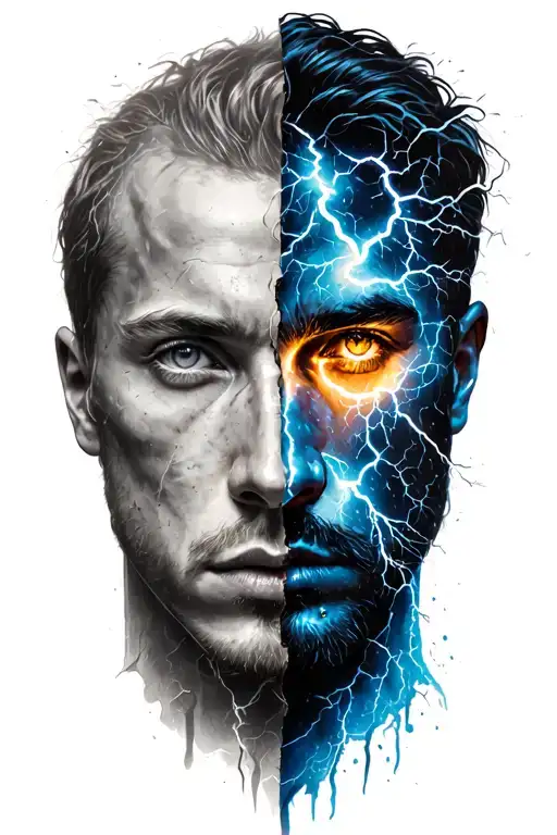 split duality with mans Face, one side darkness (storms, lightning, rain, cracks etc) other side light, right forearm sl tattoo design idea