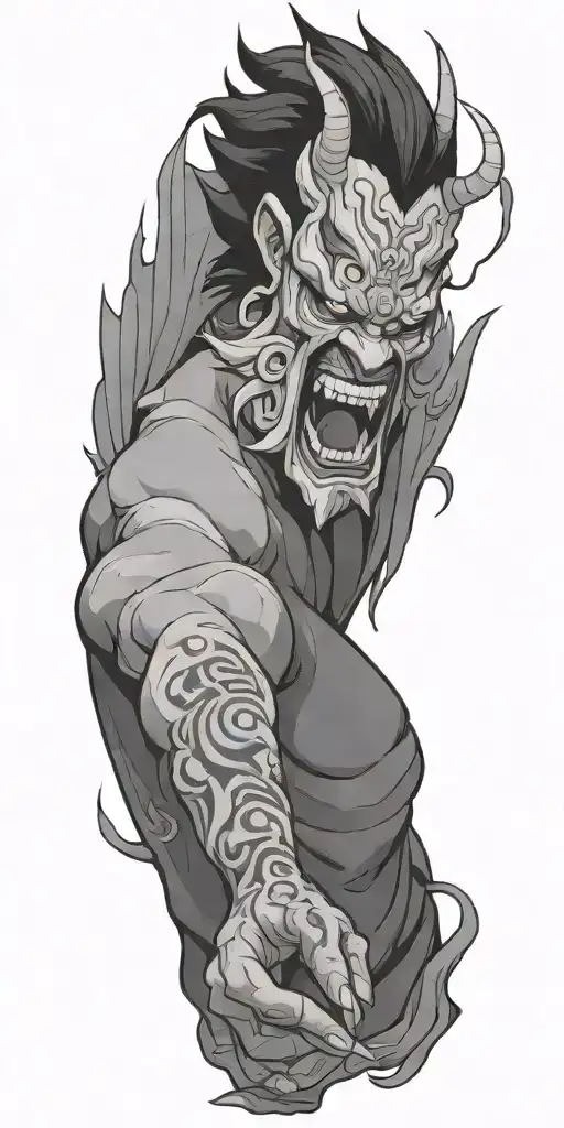 male anime character  oni mask fighting off inner demons with minimal black tattoo design idea