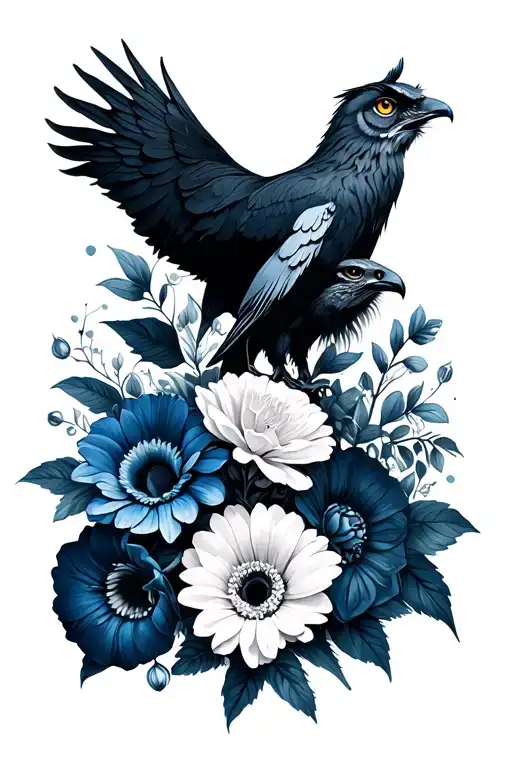 jasmine flower, gerbera, carnation, azalea, blue orchid, lion, raven and owl tattoo design idea