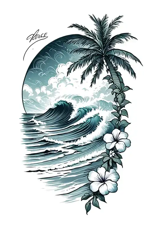 ocean waves crashing on beach with palm and hibiscus vine on bottom right tattoo design idea