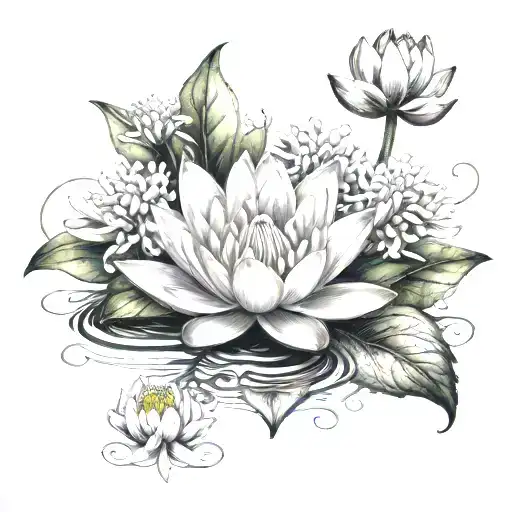water lily, lily of the valley and chrysanthemum flower tattoo design idea