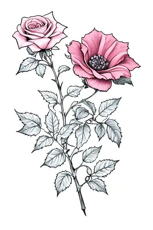 A holly berry plant, a rose, a morning glory, and a cosmos flower tattoo design idea