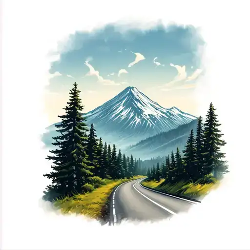 a winding road heading toward a mountain scape with pine trees surrounding tattoo design idea