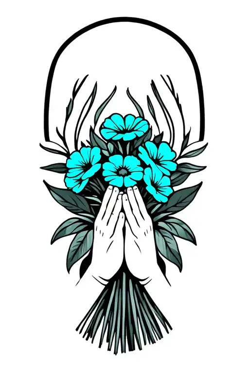 A black-grey tattoo of praying hands holding a bouquet of turquoise flowers tattoo design idea