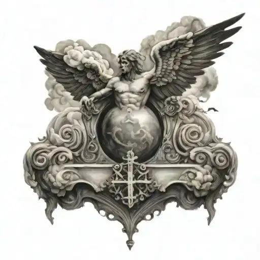A chest piece with clouds, saint peters cross and stairwell to heaven and hell tattoo design idea