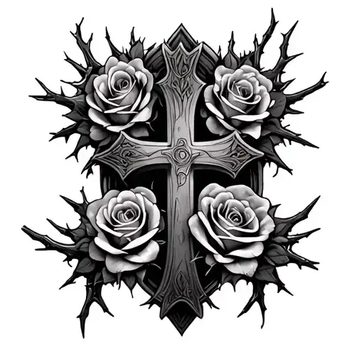 cross with roses and thorn crown tattoo design idea