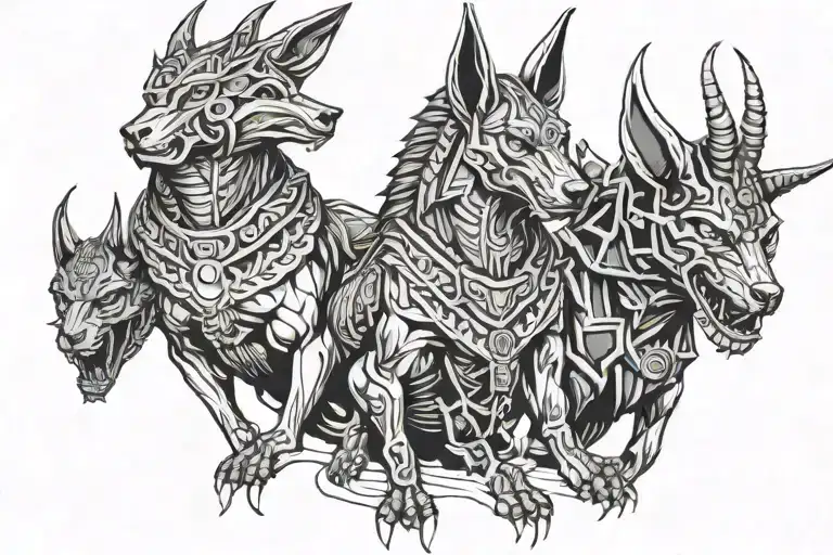 Anubis, and on the sides a bull and Cerberus with a toothed ascalus tattoo design idea