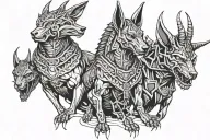 Anubis, and on the sides a bull and Cerberus with a toothed ascalus tattoo design idea