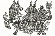 Anubis, and on the sides a bull and Cerberus with a toothed ascalus tattoo design idea