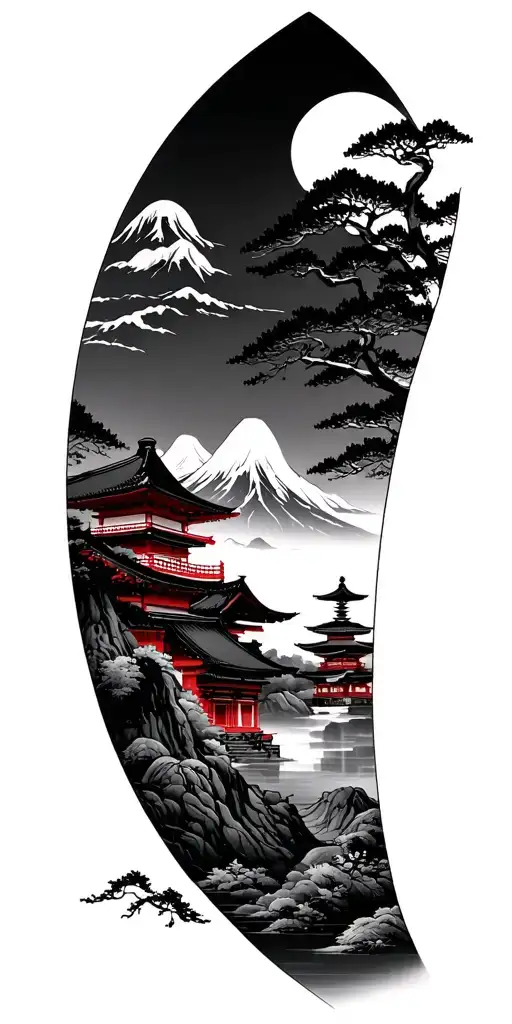 Japanese mountain and temple scenery tattoo tattoo design idea