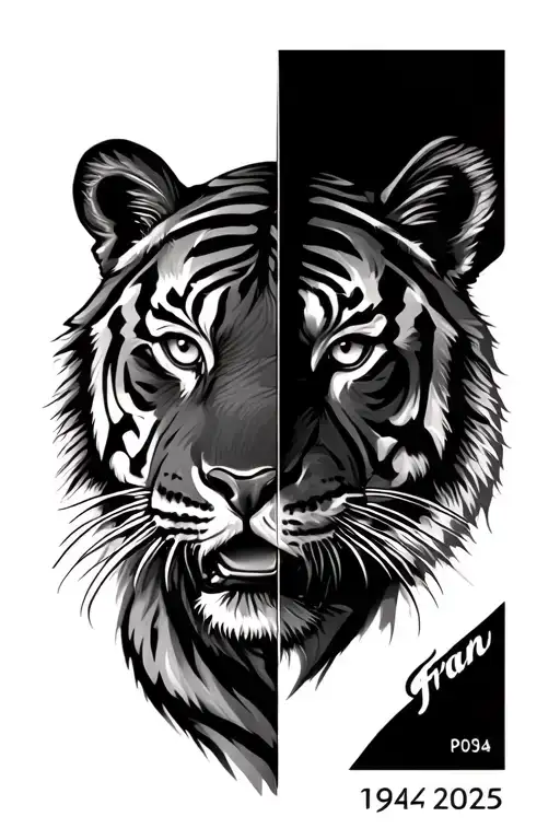 tiger with line down half face. name Fran. Date 1954-2025 tattoo design idea