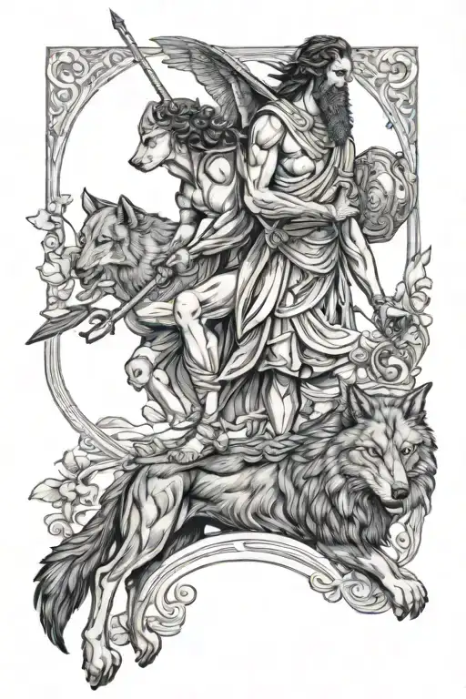 Odysseus and his black wolf. Athena and her owl watching for them.  tattoo design idea