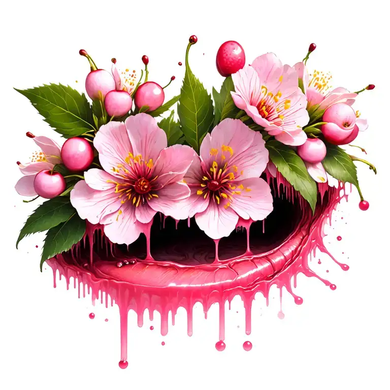an open wound with cherry flowers blossoming out of it and pink poison dripping out of the flowers tattoo design idea