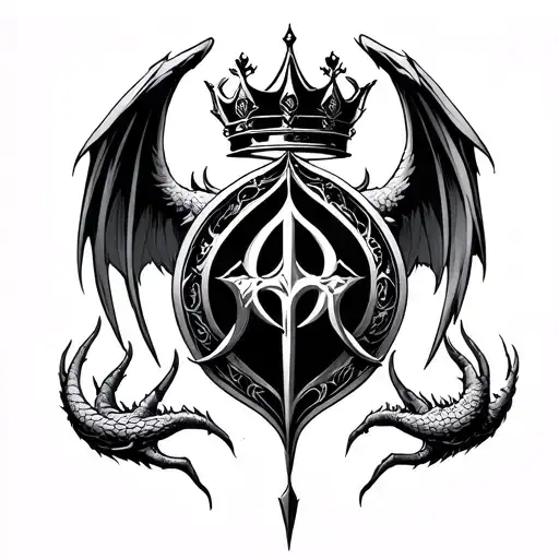Resilence symbol with crown on top and dragon talons and wings around it. tattoo design idea