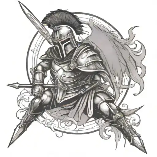 spartan warrior helmet with sword tattoo design idea
