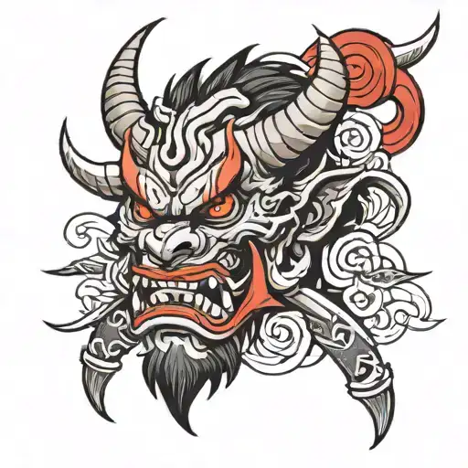 Imagine a tattoo in the style of Japanese anime, representing an oni (Japanese demon). The oni is fierce and imposing tattoo design idea