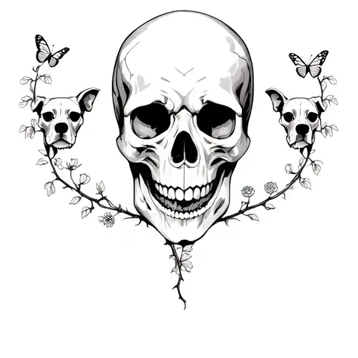 human skull in the middle with two dog skulls on either side surrounded by vines with flowers and butterflies coming out tattoo design idea
