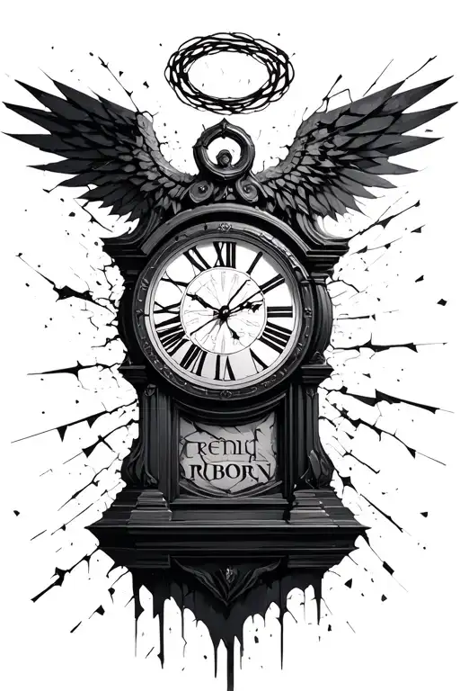 shattered roman numerals clock halo/s with the word reborn tattoo design idea