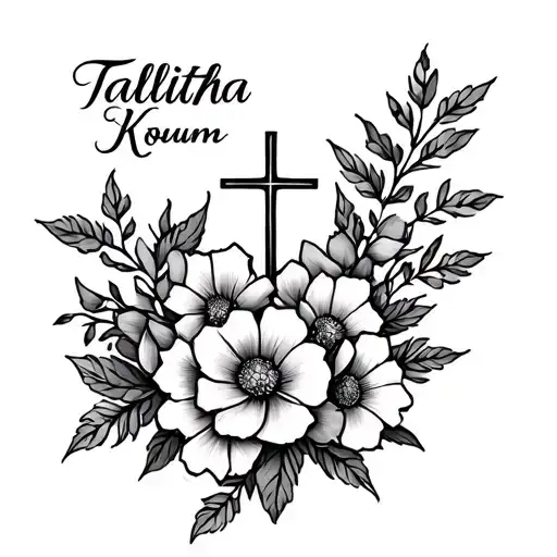 small tattoo that is feminine and says "Talitha Koum" Flowering design below collarbone on one side incorperate a cross tattoo design idea