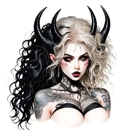 Sexy Pale Girl, petite, big boobs, wide hips, G-String. Messy hair, demonic horns, sexual. Seductive smile tattoo design idea