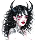 Sexy Pale Girl, petite, big boobs, wide hips, G-String. Messy hair, demonic horns, sexual. Seductive smile tattoo design idea