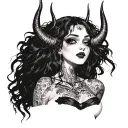 Sexy Pale Girl, petite, big boobs, wide hips, G-String. Messy hair, demonic horns, sexual. Seductive smile tattoo design idea